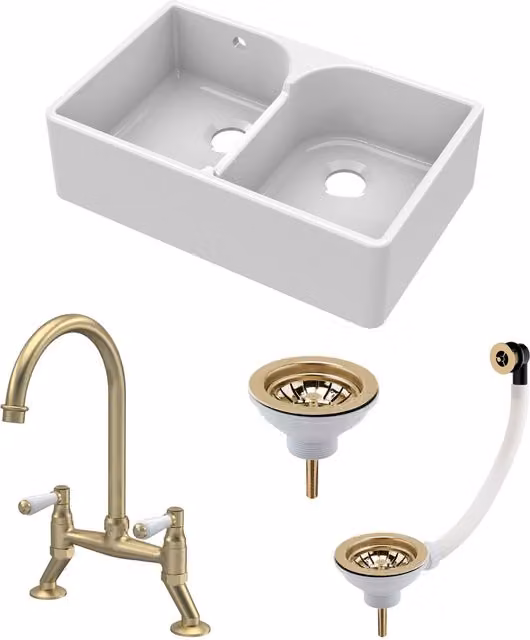Balterley White Ceramic 2 Bowl Stepped Weir Butler Sink with Wastes and Tap, W: 79.5 cm
