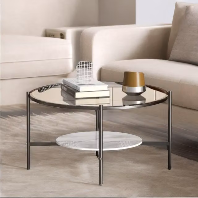 Pirlo Plush 2 Tier Round Faux Marble and Glass Coffee Table in Black, Brown or Blue, W/D/H: 80 x 79.7 x 47.5 cm
