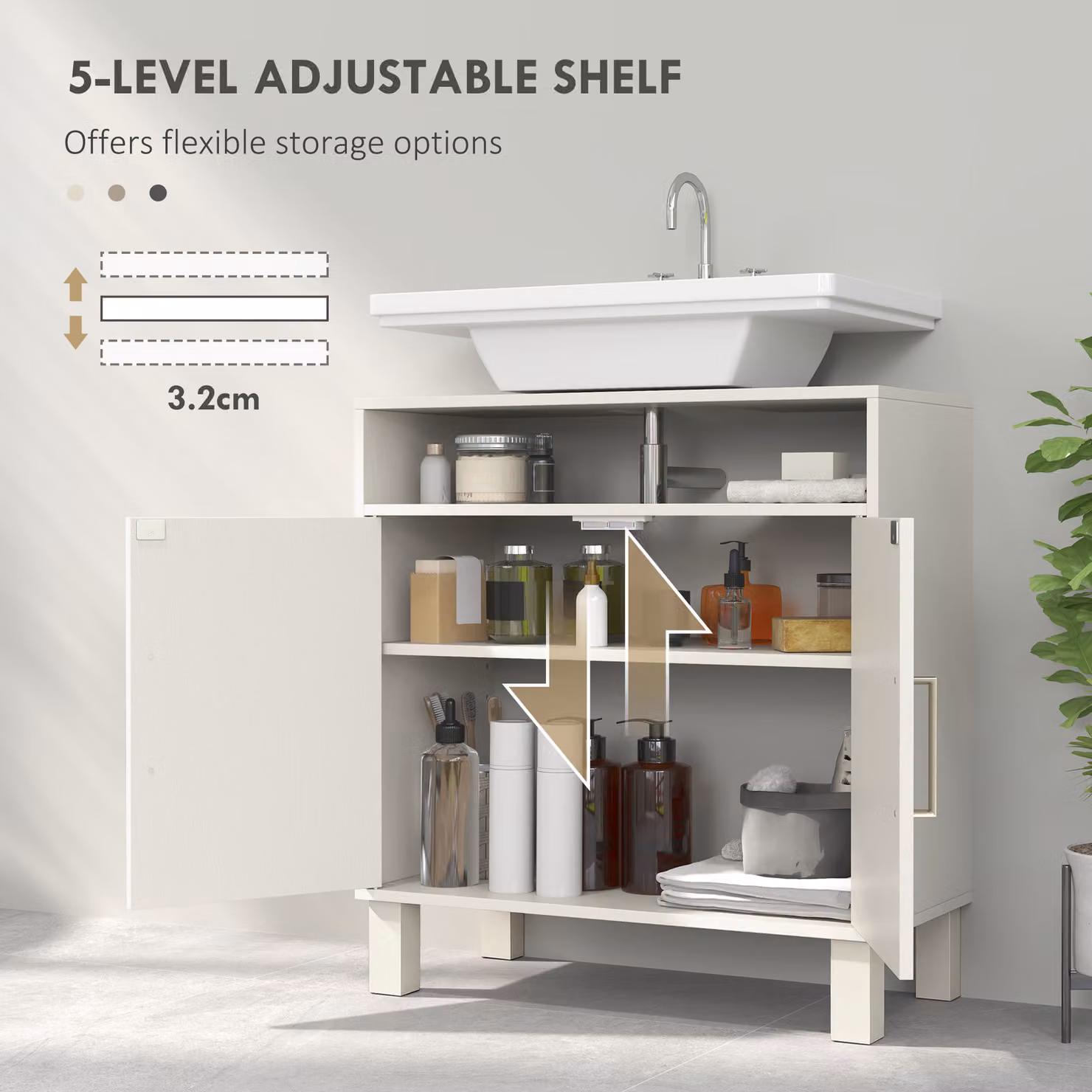 HOMCOM Under Sink Bathroom Cabinet in Cream White with Hinged Doors and Internal Shelves – 3