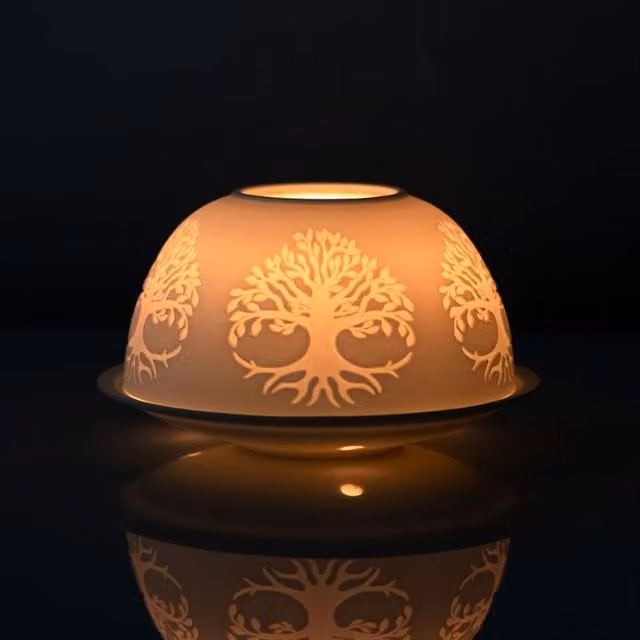 KDMK Tree of Life Round Ceramic and Glass Tealight Holder, White