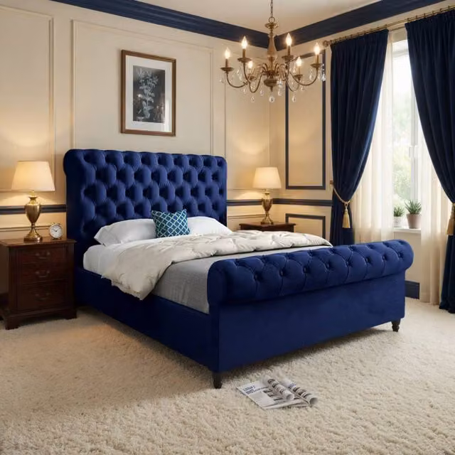 KDMD Toddington Sleigh Upholstered Designer Bed Frame in Blue Soft Velvet, Small Single – 1