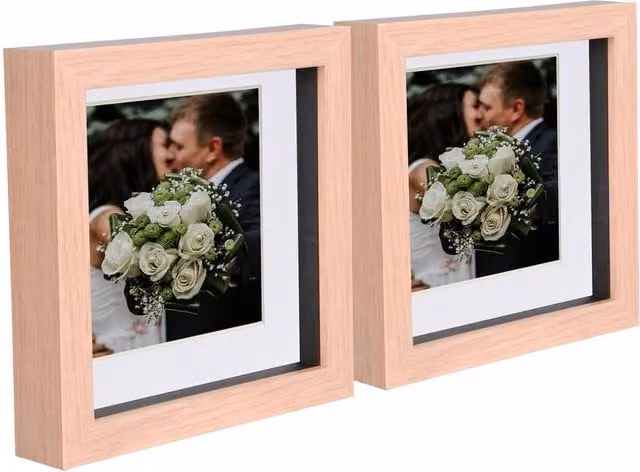 Nicola Spring Pack of 2 Square 3D Box Photo Frames in Light Brown and White, W/H: 15.24 x 15.24 cm with 10.16 x 10.16 cm Mount