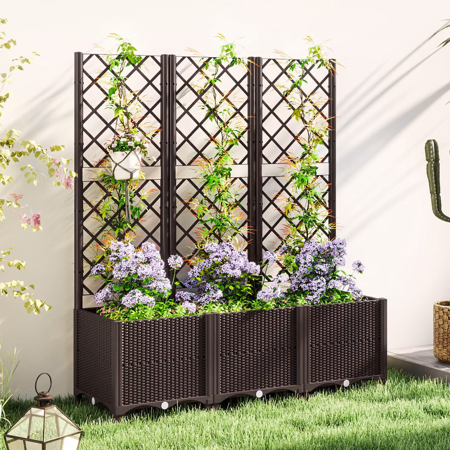 Outsunny Brown Plastic Raised Garden Bed with Trellis and Drainage Holes for Climbing Plants, Vegetables and Flowers, W: 140 cm, D: 120 cm, H: 40 cm – 2