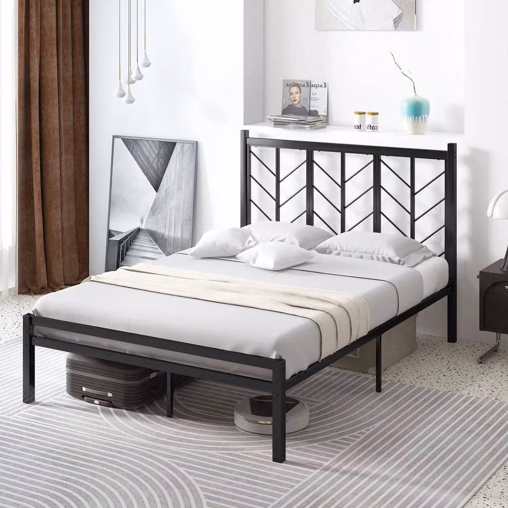 FLAVORA Modern Double Metal Bed Frame with Under Bed Storage in Black, Cot Size – 4