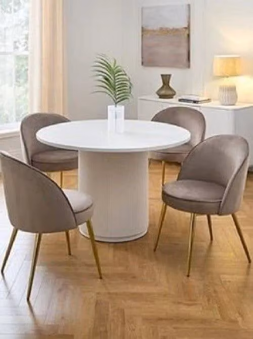 Carina Round Dining Table and 4 Grey Velvet Chairs Set, White and Grey