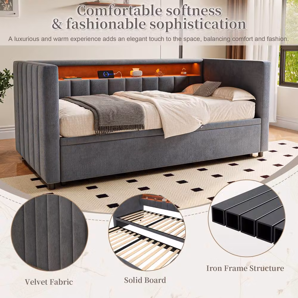 Direct Wicker Multifunctional Single Pull-out Sofa Bed with USB-C Port and LED Lighting in Dark Grey, W/D/H: 201 x 73 x 100 cm – 4