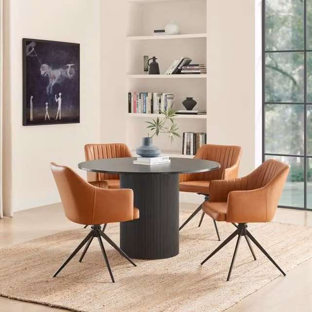 FurnitureboxUK Penrose Black Round Dining Table and 4 Calla Faux Leather Swivel Chairs Set