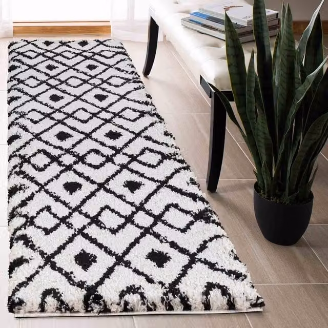 Desire Rugs Moroccan Berber Shaggy Runner, Ikat Design, Stone, Yellow and White, W: 60 cm, L: 220 cm