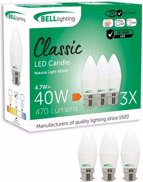 BELL Lighting B22 Candle LED Bulbs, Cool White, 4.7W, Pack of 6
