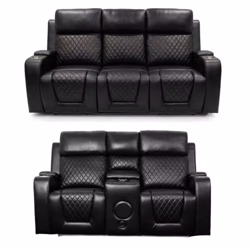 Furnishings For Less UK Felix Black Synthetic Leather Electric Reclining Sofa Suite with 3 Seater and 2 Seater, USB Charging, Cup Holders and LED Lighting – 1