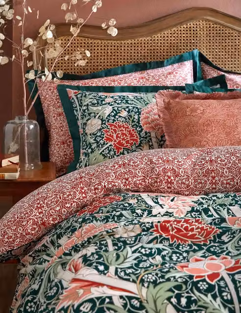 William Morris At Home Reversible Floral Cotton Pillowcases, 2 Pack, Green Multicolour