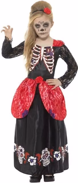 Smiffys Girls Deluxe Day Of The Dead Costume in Black, Red, Brown and Multicolour