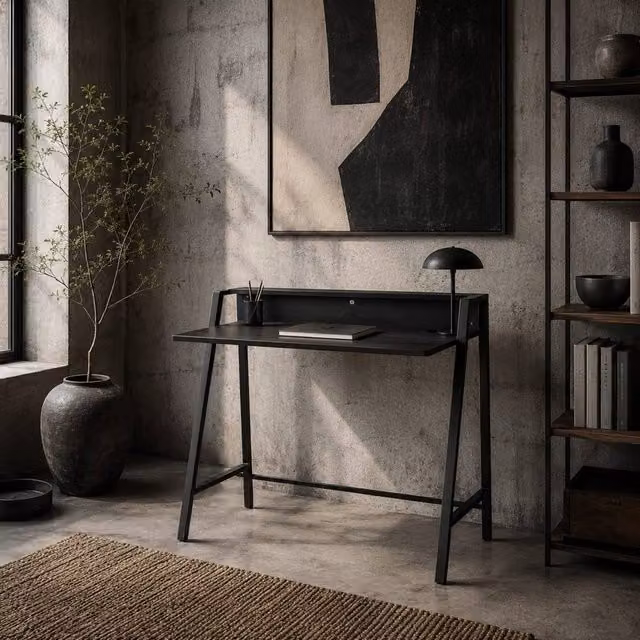Wyld Haus Havi Black Writing Desk with Raised Storage Shelf, W/D/H: 85 x 85 x 45 cm