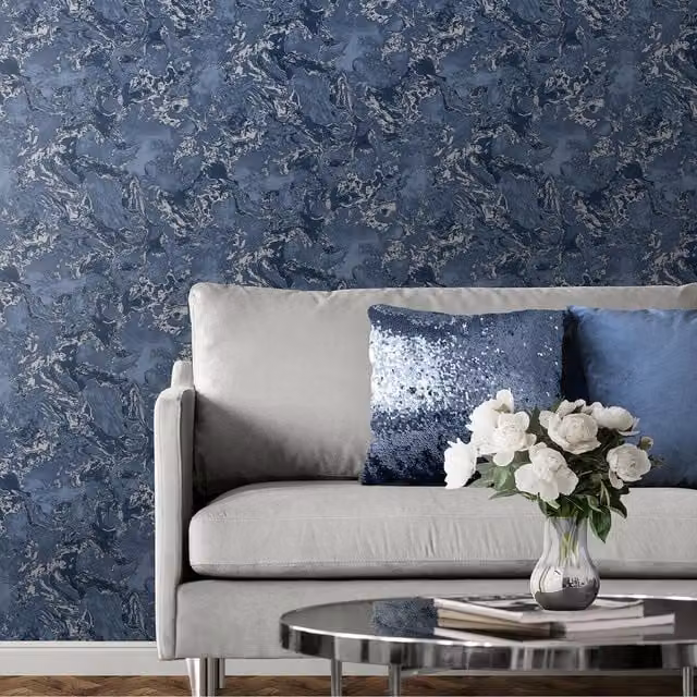 Muriva Elixir Abstract Liquid Marble Effect Wallpaper in Blue and Silver