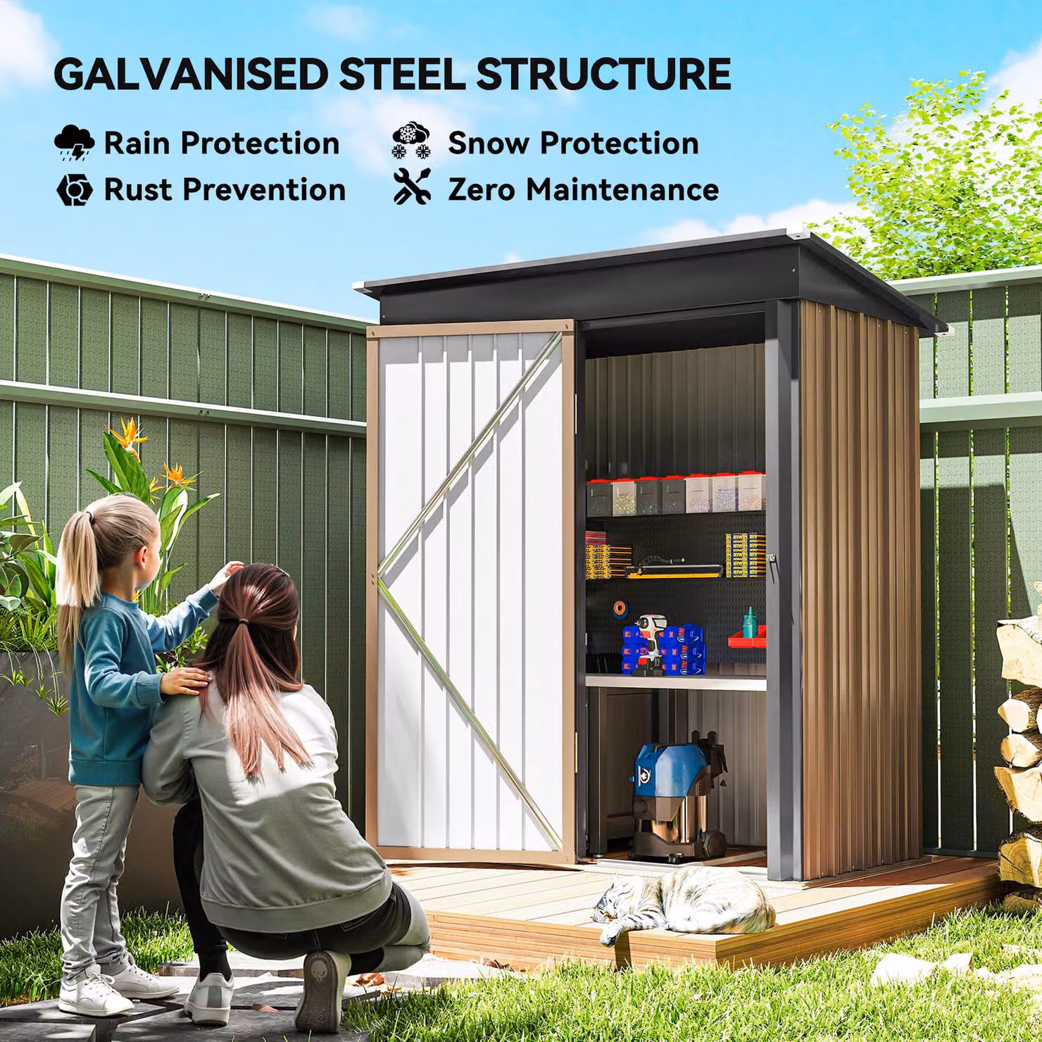 Outsunny Metal Lean-to Garden Shed in Brown with Adjustable Shelving and Lock, W/D/H: 152.4 x 91.44 x 182.88 cm – 4