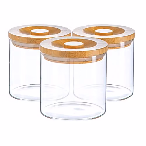 Argon Tableware Set of 3 Scandi Airtight Glass Storage Jars with Wooden Lids, 550ml, Transparent