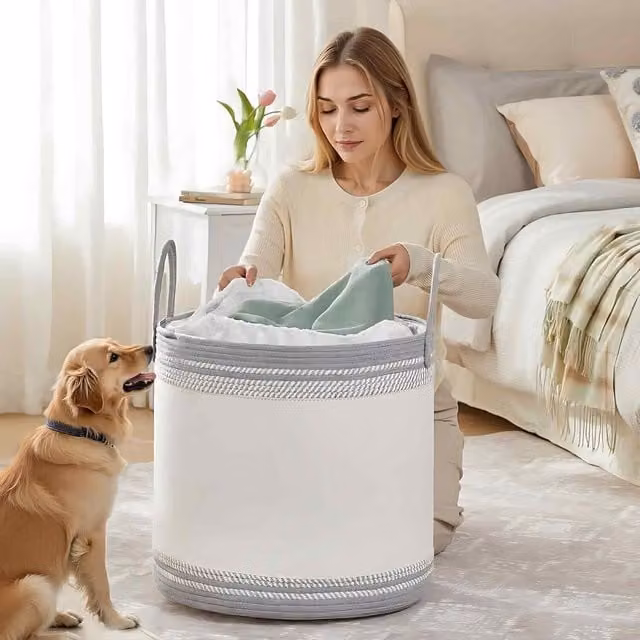 The Bazaarist Large Cotton Rope Laundry Hamper with Handles, White and Dove Grey