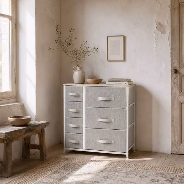 Wyld Haus Lireta 7 Drawer Fabric Chest with White Metal Frame and Oak Top, W/D/H: 63.5 x 30.0 x 71.0 cm – 1