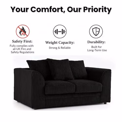 Bliss Furniture Black Jumbo Cord 2-Seater Scatter Back Sofa with Removable Covers and Solid Wood Frame – 6