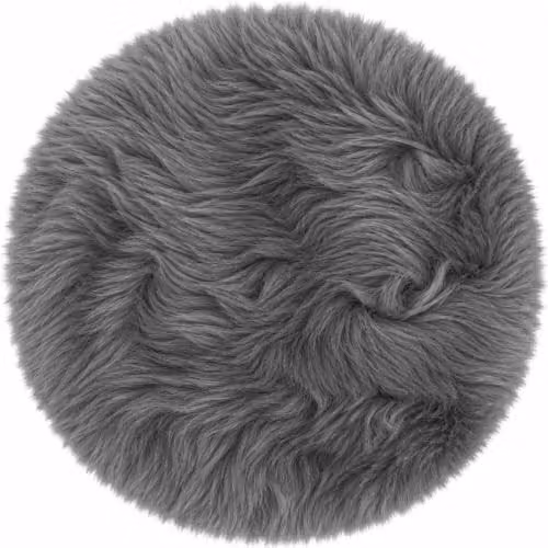 SNUGRUGS Round Genuine Sheepskin Seat Pad with Long Wool and Microsuede Backing, Light Grey, Diameter: 37 cm – 1