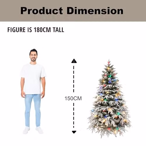 Shatchi Lapland Fir Pre-Lit Artificial Christmas Tree with 180 Multicolour LEDs and Snow Flocked Tips, Green, H: 150 cm – 4