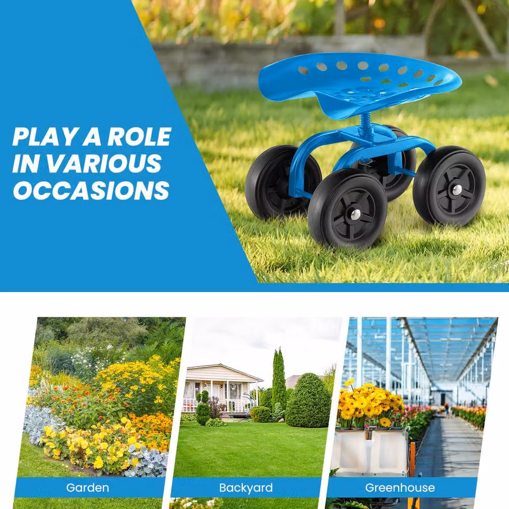 Costway Garden Rolling Workseat Cart with 360 Degree Swivel Seat in Blue – 3