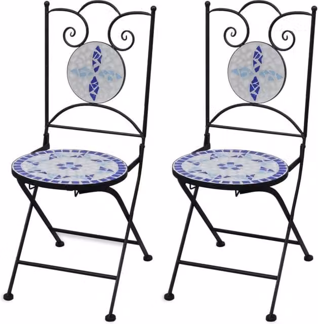 Berkfield Home Set of 2 Folding Bistro Chairs in Blue and White Ceramic and Metal with Geometric Mediterranean Design