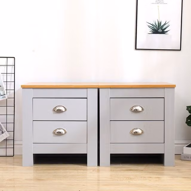HMD Furniture Pair of 2 Bedside Tables with 2 Drawers in Grey