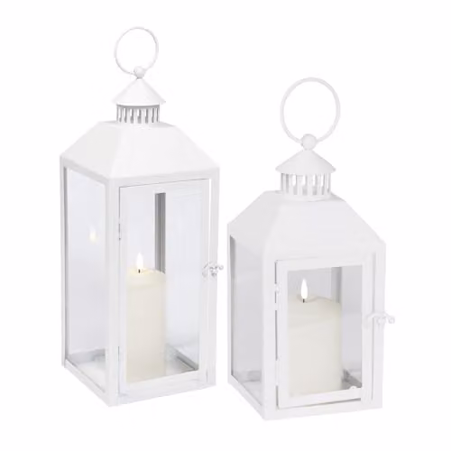 Lights4fun Set of 2 White Metal Decorative TruGlow Battery Operated Candle Lanterns with Remote Control and Timer for Indoor and Outdoor Use – 2