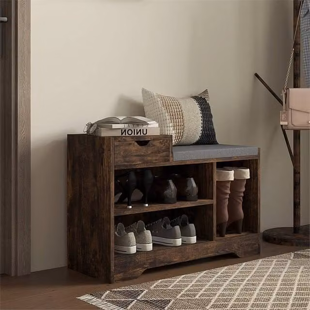 EONLION Brown Rustic Shoe Bench with Drawer and Shelves, W: 50 cm – 1