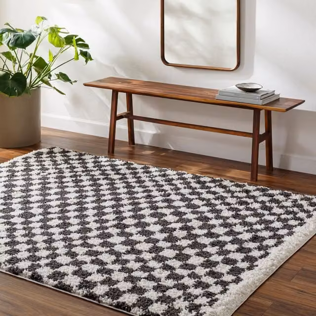 Livabliss Birmingham Checkerboard Soft Plush Pile Shaggy Living Rug in Black, Grey and Brown, W: 200 cm, D: 275 cm – 1