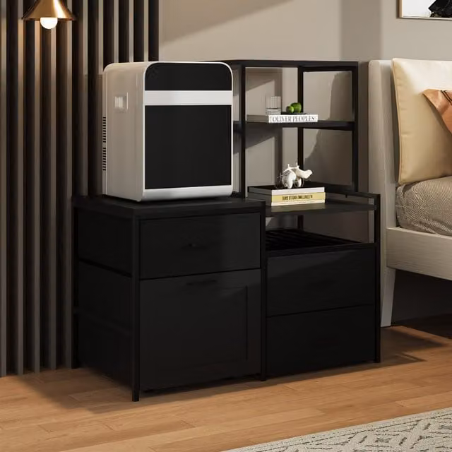 Livingandhome Mini Fridge Stand with Wine Rack and Power Socket in Black
