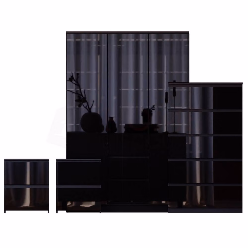 Vida Designs Glinton 4 Piece Modern Glossy Black Bedroom Set including Wardrobe, 5 Drawer Chest and 2 Bedside Tables – 2