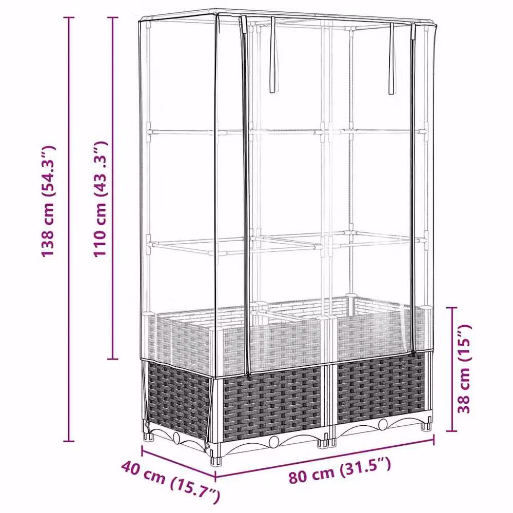 Berkfield Home Raised Bed with Greenhouse Cover in Brown Rattan Look, W/D/H: 80 x 40 x 138 cm – 3