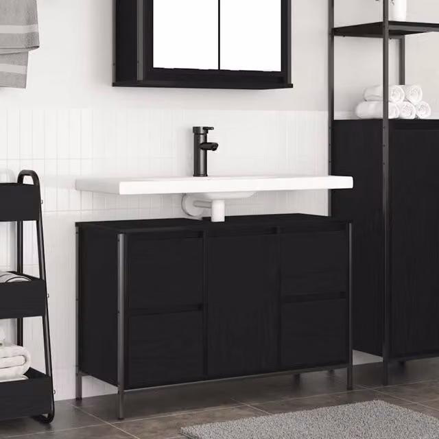 Berkfield Home Black Oak Basin Cabinet with Drawers, W: 90 cm, D: 34.5 cm, H: 60 cm
