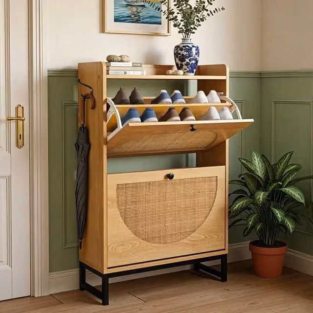 PAWNORA Brown Rattan and Wood Shoe Storage Cabinet with 2 Flip Drawers and Tilting Compartments