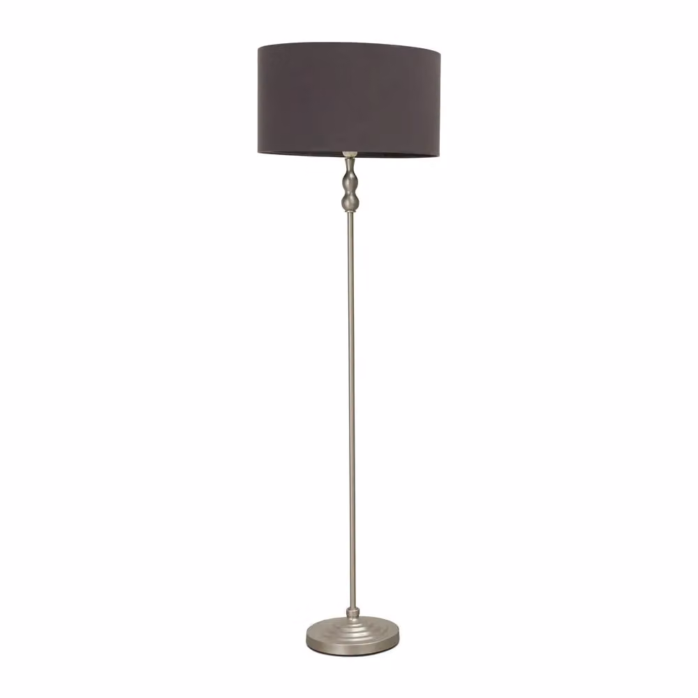 ValueLights Maggie Brushed Chrome Candlestick Floor Lamp with Grey Fabric Shade and LED Bulb – 2