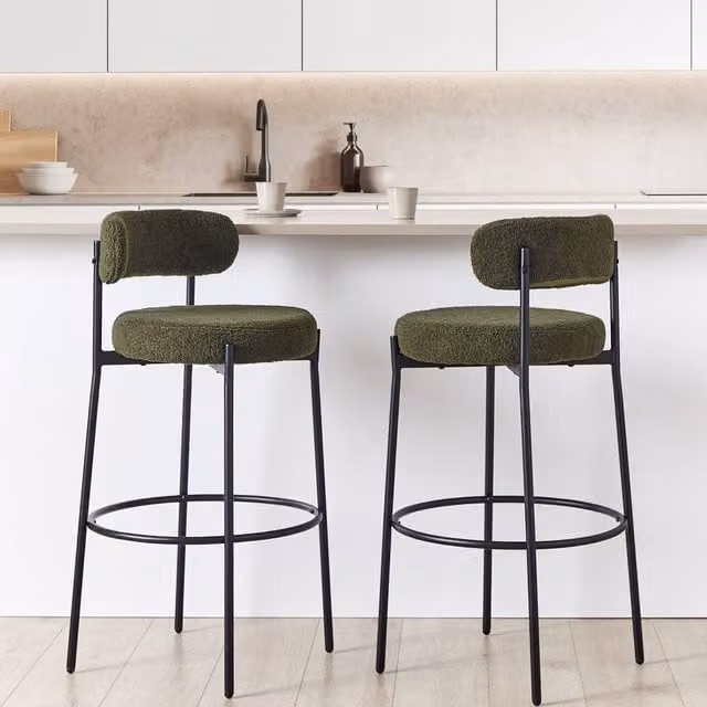 Wyld Haus Set of 2 Dark Green Boucle Armless Bar Stools with Matt Metal Legs – 1