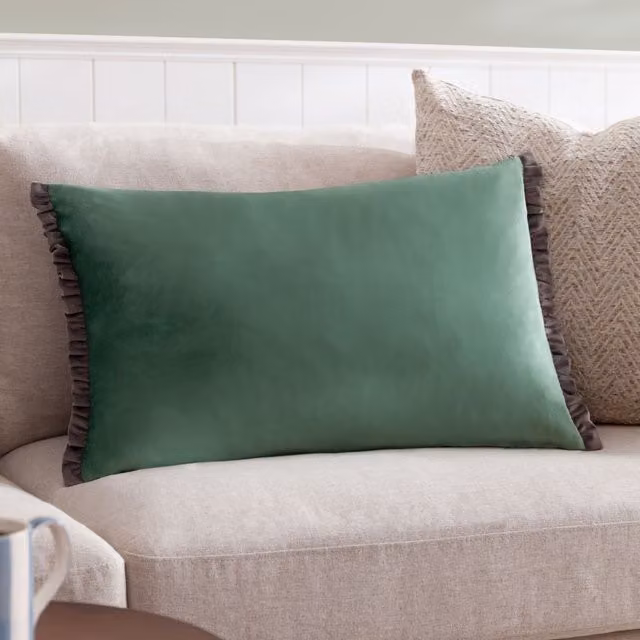 Wylder Tilly Velvet Reversible Rectangular Cushion in Green and Grey, W/H: 50 x 30 cm