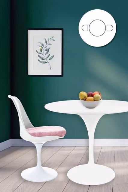Fusion Living Tulip Dining Set with White Round Table and Two Pink Chairs – 1