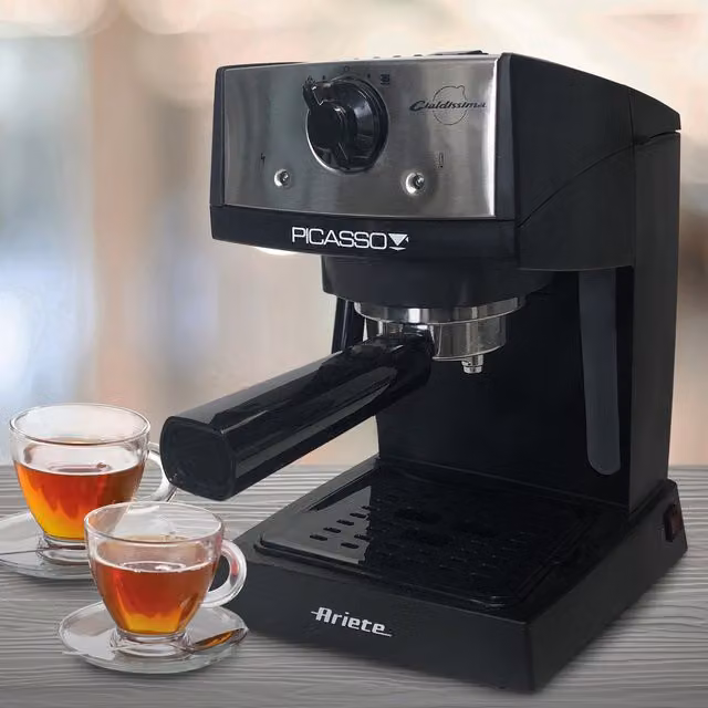 Ariete Picasso Espresso Coffee Maker in Black and Silver with Thermoblock, Steam Wand and Removable Tank, suitable for Ground Coffee and ESE Pods