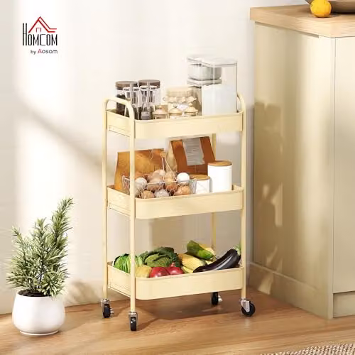 HOMCOM 3-Tier Rolling Utility Storage Trolley with Mesh Baskets, Yellow, W/D/H: 45 x 30.6 x 79 cm – 2