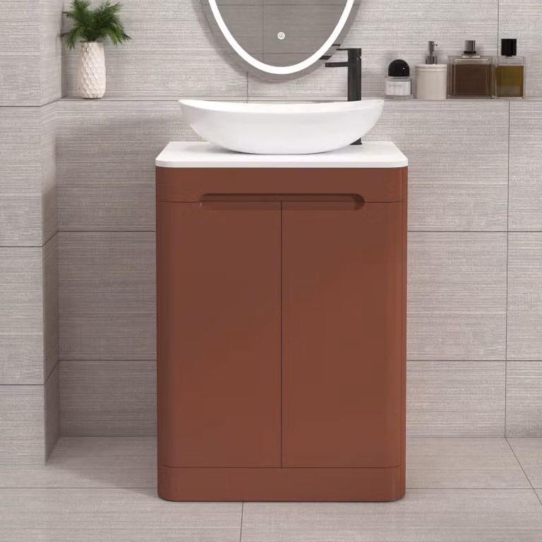 Royal Bathrooms Venice 600mm Terracotta Clay Floor Standing 2 Door Vanity Unit with Plain White Worktop and Cesar Basin