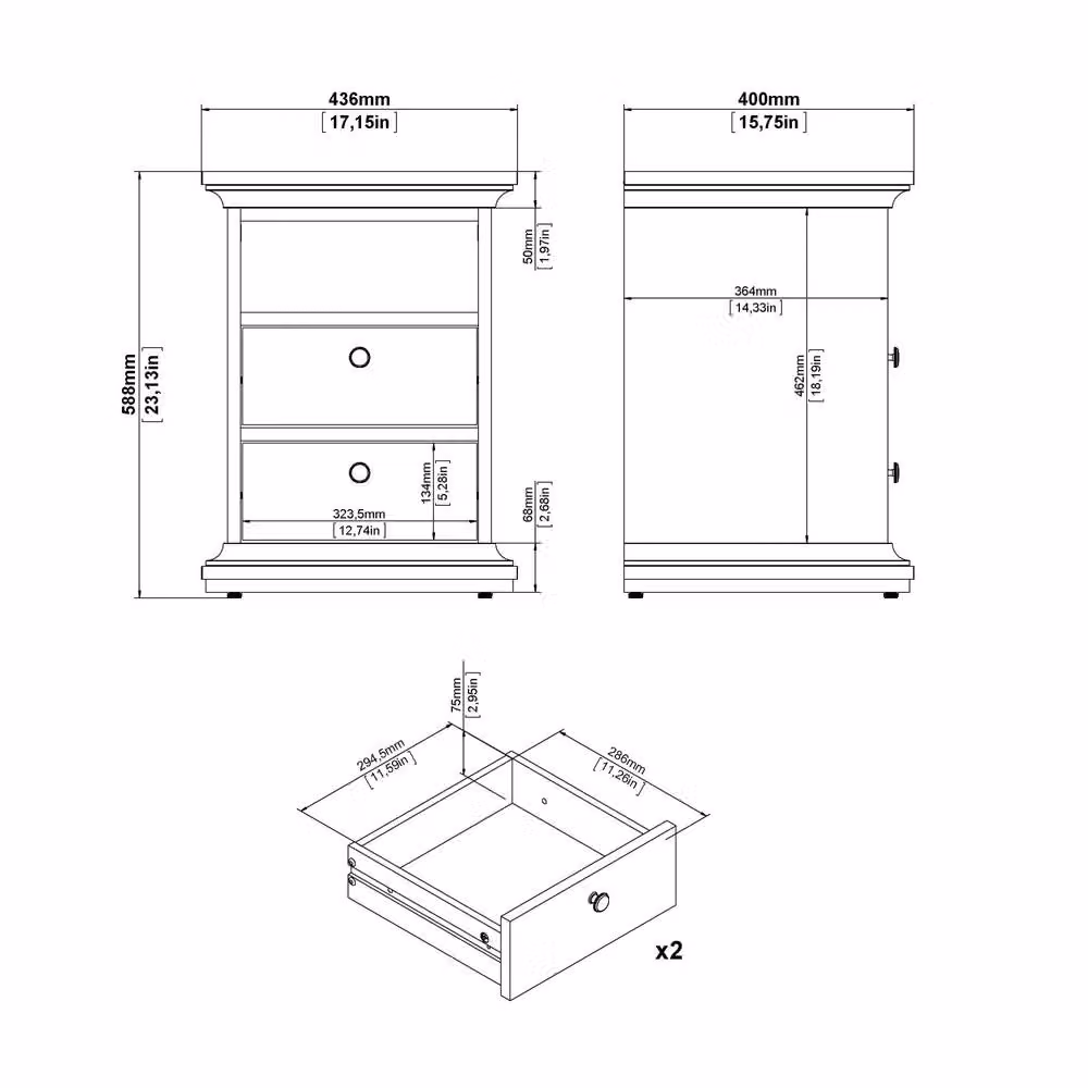 Wyld Haus Osaka Farmhouse Bedside Table in Grey with 2 Drawers, W/D/H: 40.0 x 43.6 x 58.8 cm – 6