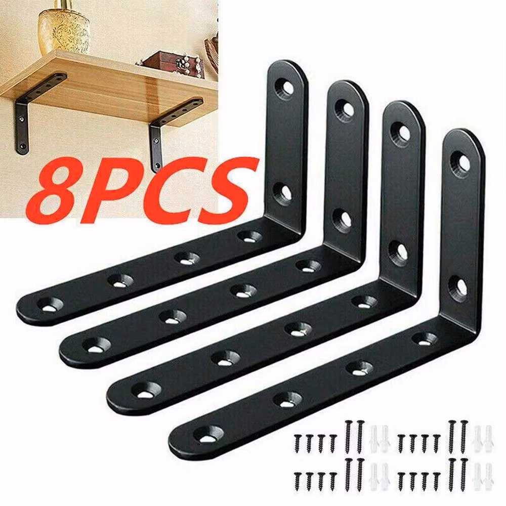 VOGREX 8-Piece Black Brushed Cast Iron L-Shape Wall Mounted Shelf Brackets – 3