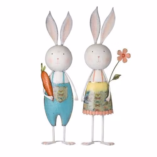 Heaven Sends Set of 2 Metal Rabbit, Carrot and Flower Tabletop Ornaments in White and Multicolour