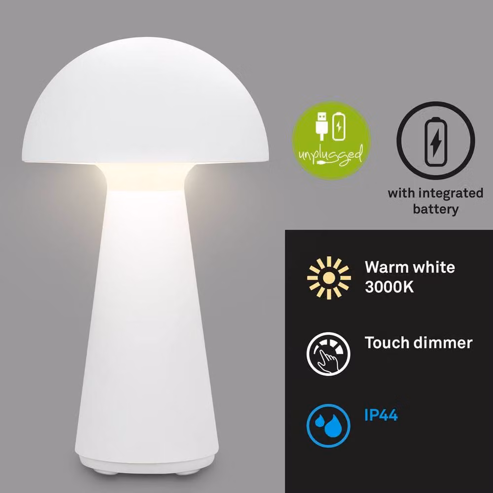 Briloner White Rechargeable LED Table Lamp, Dimmable Touch Control Mushroom Night Light, IP44 Waterproof Cordless Outdoor and Indoor Lamp, H 28 cm x W 16 cm x D 16 cm – 2