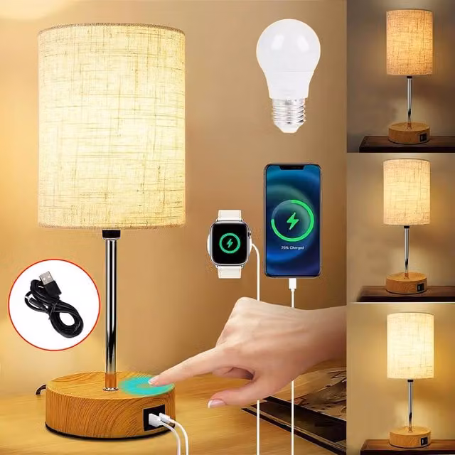 Havendro Round Touch Control Bedside Lamp with USB Ports in Multicolour