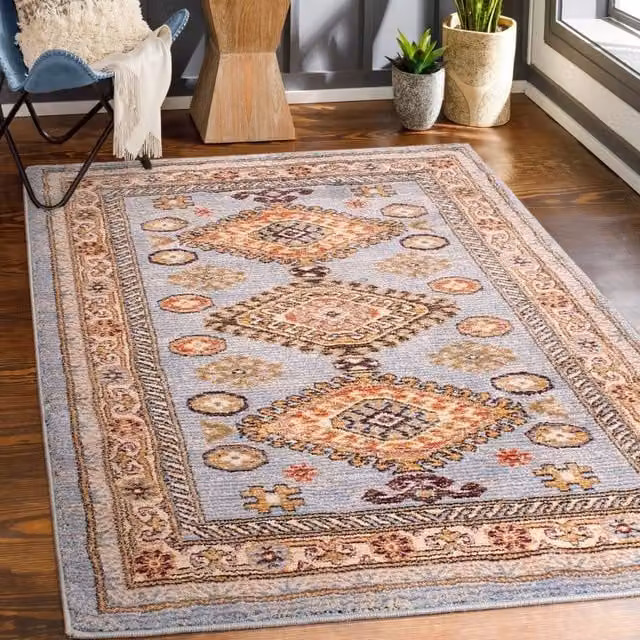 The Rug Shop UK Blue Border Floral Traditional Polyester Easy to Clean Rug W: 200 cm, D: 290 cm