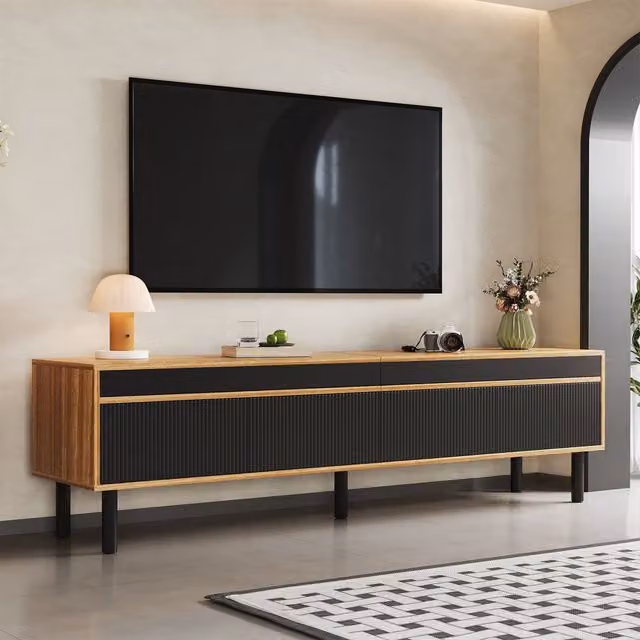 Matteo Modern 4-Door TV Cabinet in Black and Natural Wood Effect MDF